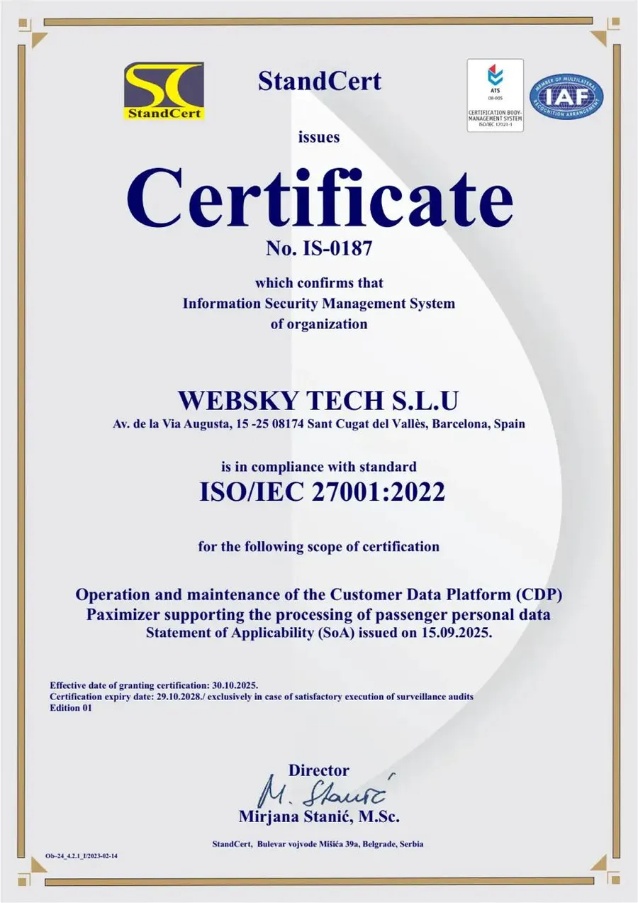 ISO/IEC 27001:2022 certificate No. IS-0187, issued to Websky Tech S.L.U for the Paximizer Customer Data Platform
